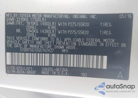 2016 Toyota Sequoia Platinum z USA, uszkodzony, nr VIN 5TDDY5G12GS142427